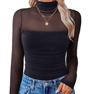 Avidlove Black Small — Mesh Turtleneck Bodysuit (Ruched, Thong Back, Y2K Top)